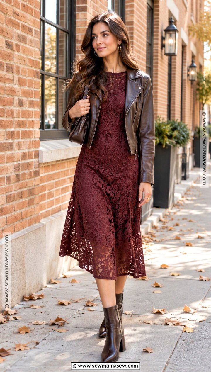 Leather Jacket And Lace Dress Fall Outfit - 20 Romantic Fall Outfits