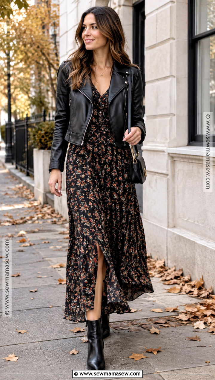 Leather Jacket And Maxi Dress Autumn Outfit - 30 outfit ideas autumn