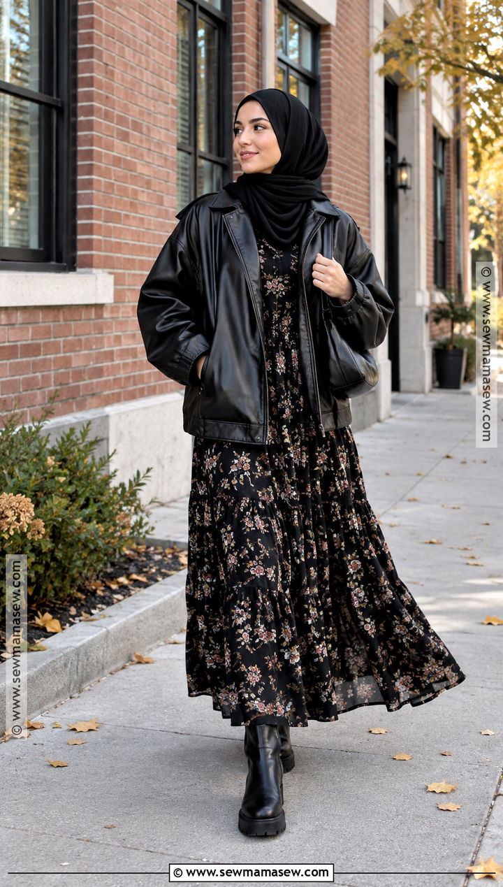 Leather Jacket And Maxi Dress Hijab Outfit - 20 Hijab Fashion Autumn Ideas