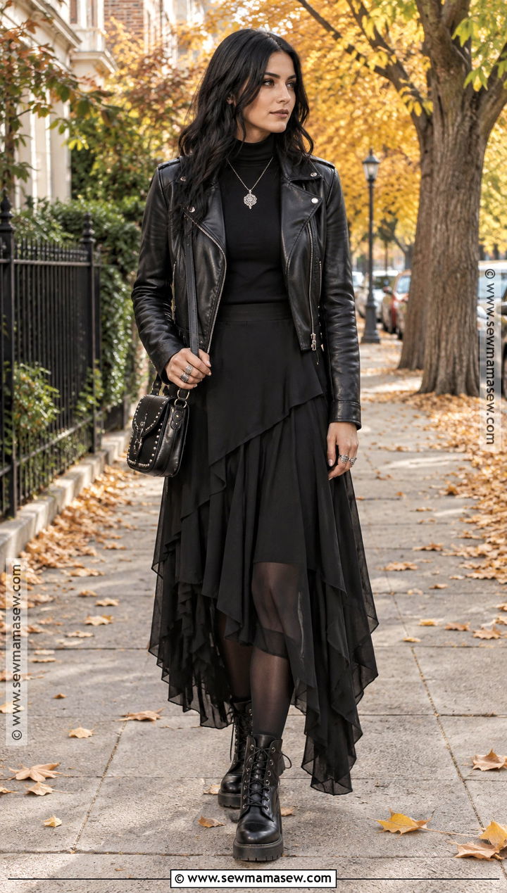 Leather Jacket And Maxi Skirt Autumn Goth Outfit - 20 autumn goth outfits