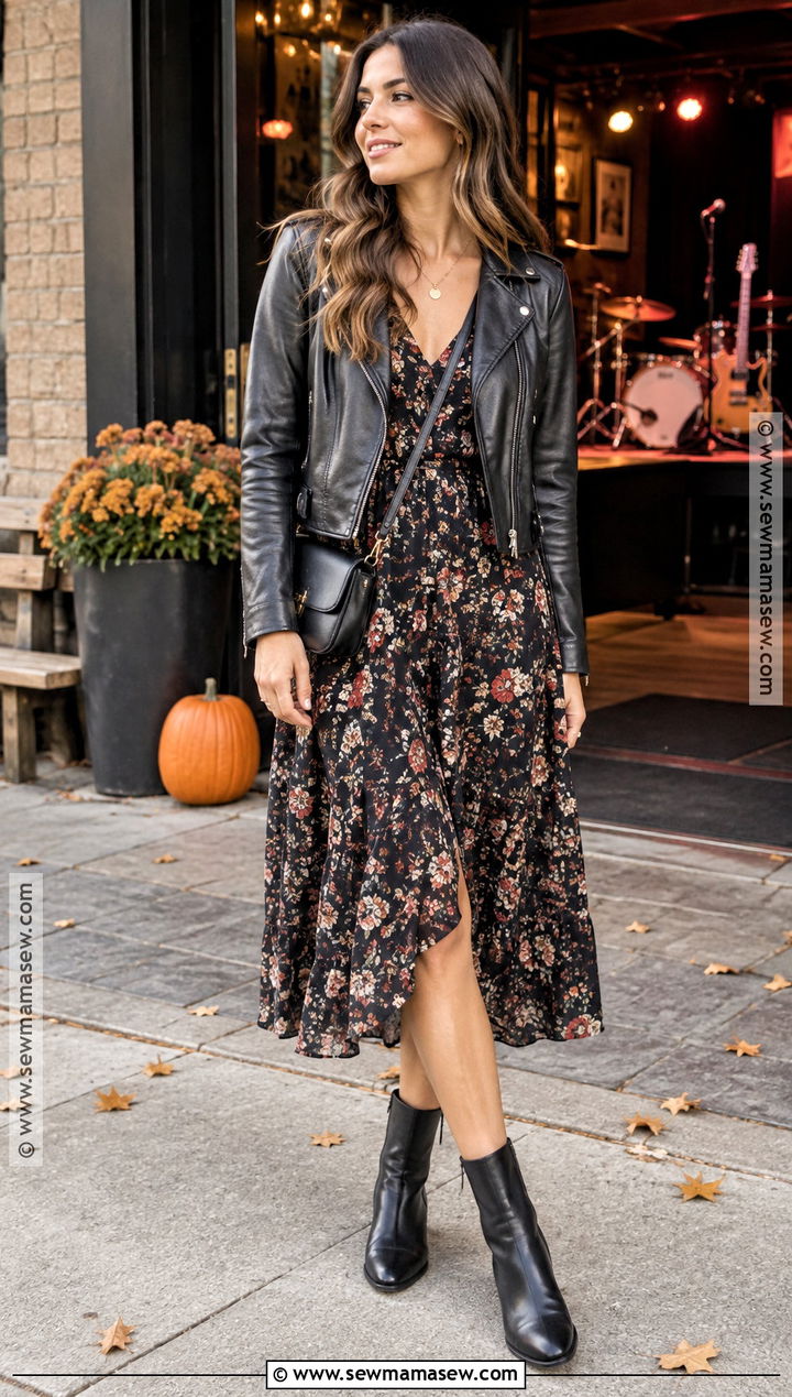 Leather Jacket And Midi Dress Fall Date Night Outfit - 25 fall date night outfit casual ideas