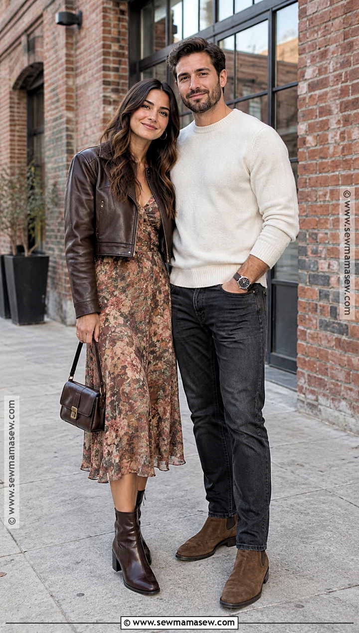Leather Jacket And Midi Dress Fall Engagement Outfit - 25 fall engagement pictures outfit ideas