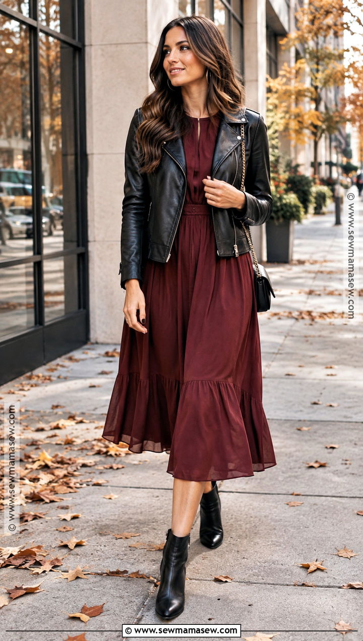 Leather Jacket And Midi Dress Fall Engagement Outfit - 20 fall engagement outfit ideas