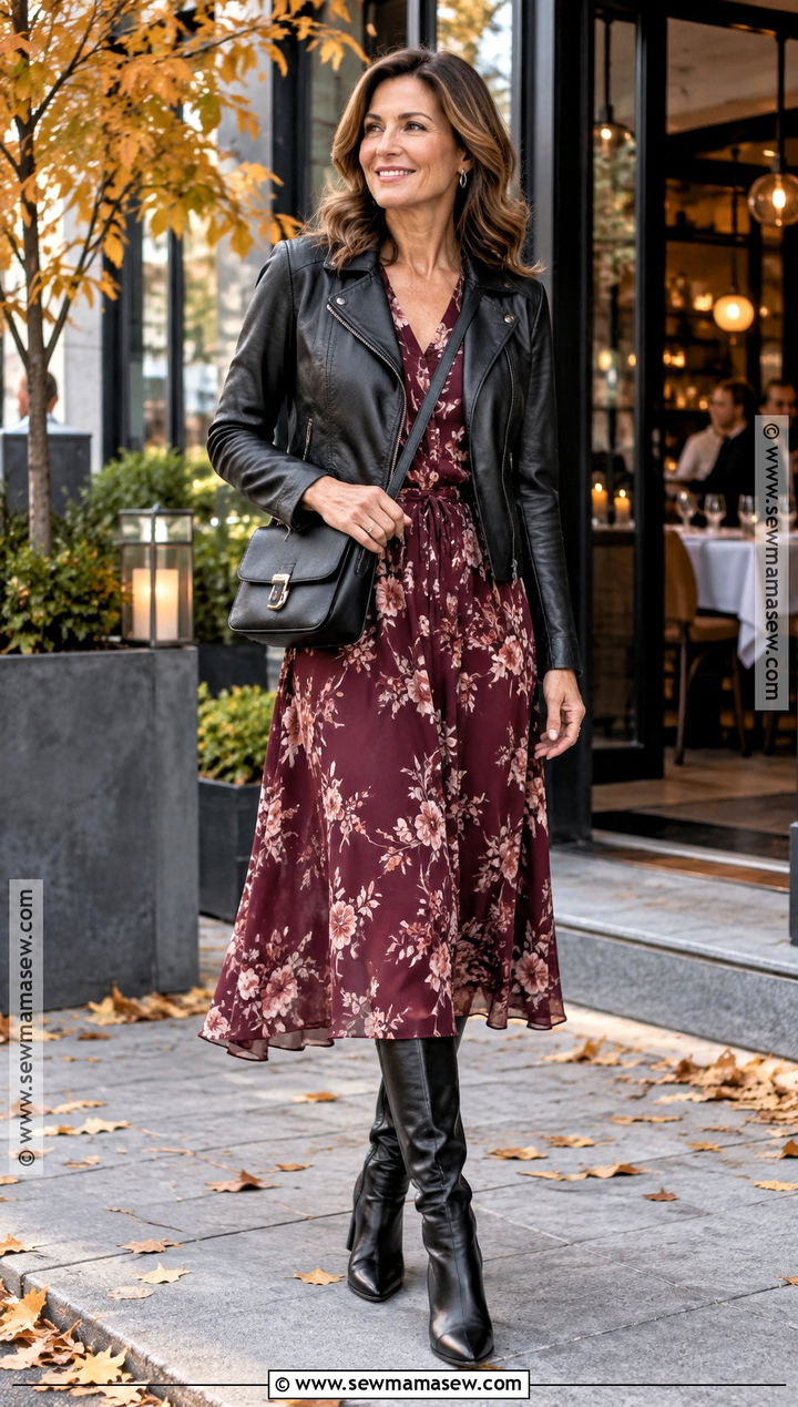 Leather Jacket And Midi Dress Fall Outfit - 15 50S Fall Fashion Ideas