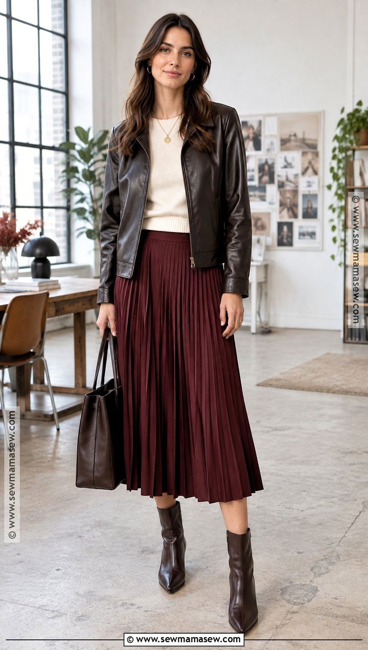 Leather Jacket And Midi Skirt Autumn Business Casual Outfit - 25 Autumn Business Casual Outfits