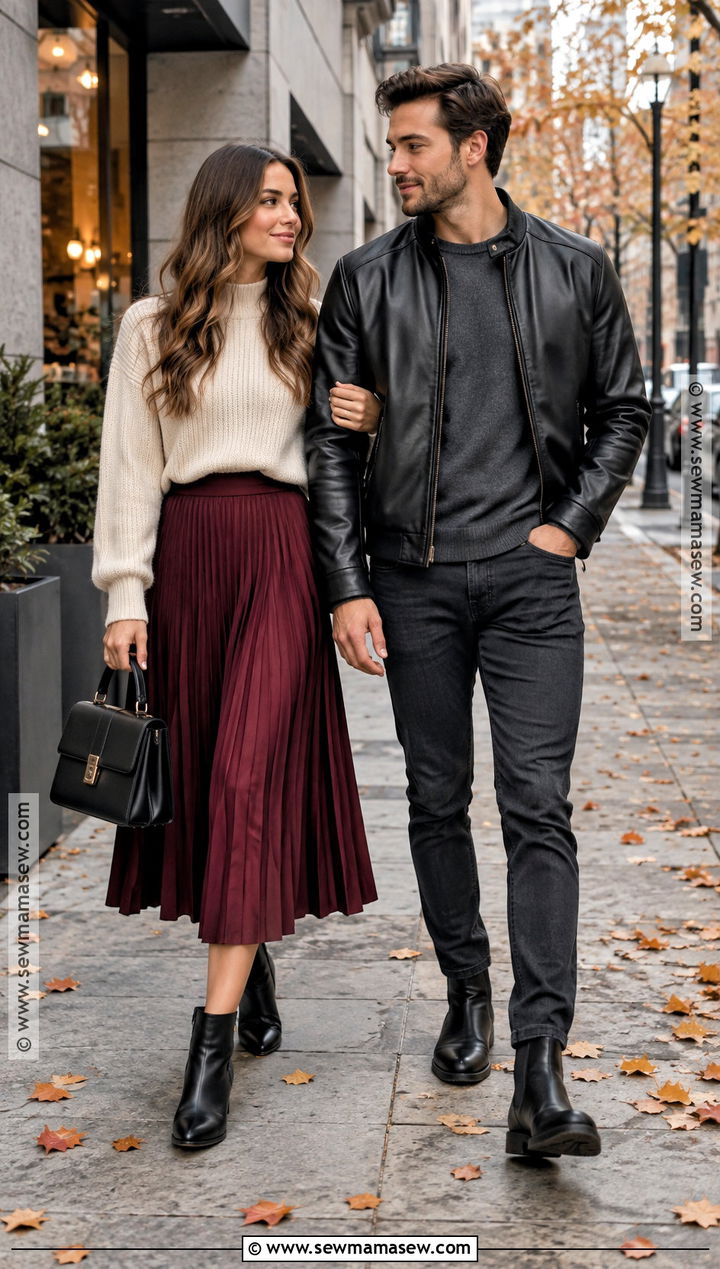 Leather Jacket And Midi Skirt Couple Outfit - 20 fall couple photoshoot outfit ideas