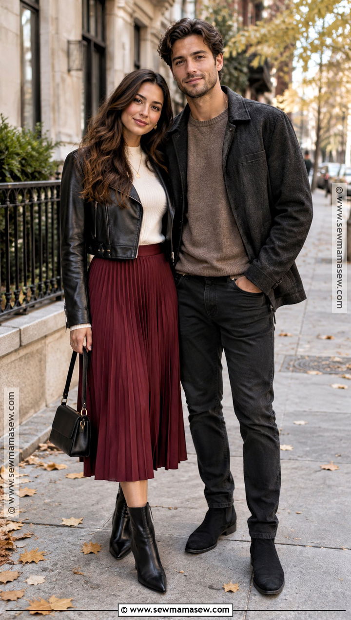 Leather Jacket And Midi Skirt Engagement Outfit - 15 engagement photoshoot outfit fall ideas