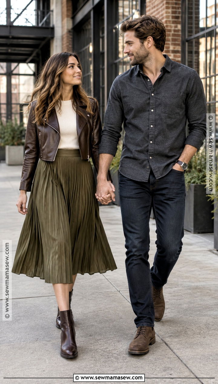 Leather Jacket And Midi Skirt Fall Engagement Outfit - 15 fall engagement pictures outfit casual ideas