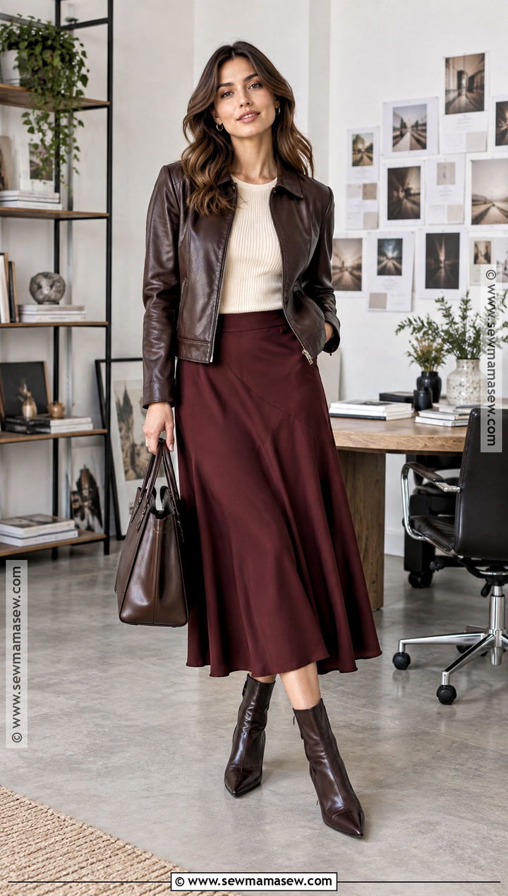 Leather Jacket And Midi Skirt Fall Work Outfit - 25 fall work outfit ideas