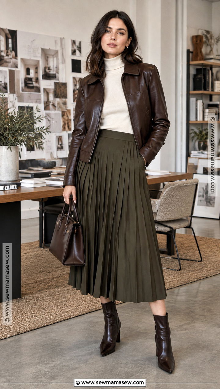 Leather Jacket And Midi Skirt Fall Work Outfit - 20 fall workwear ideas