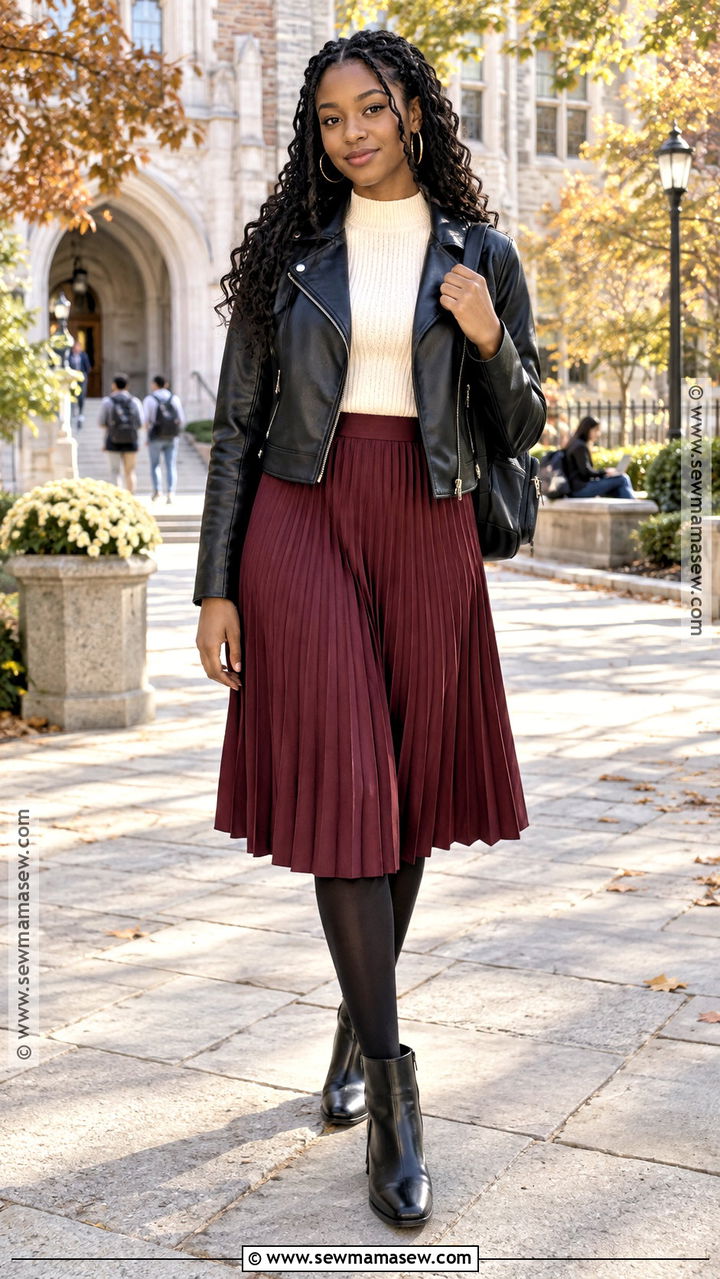 Leather Jacket And Midi Skirt School Outfit - 20 fall outfits black women school