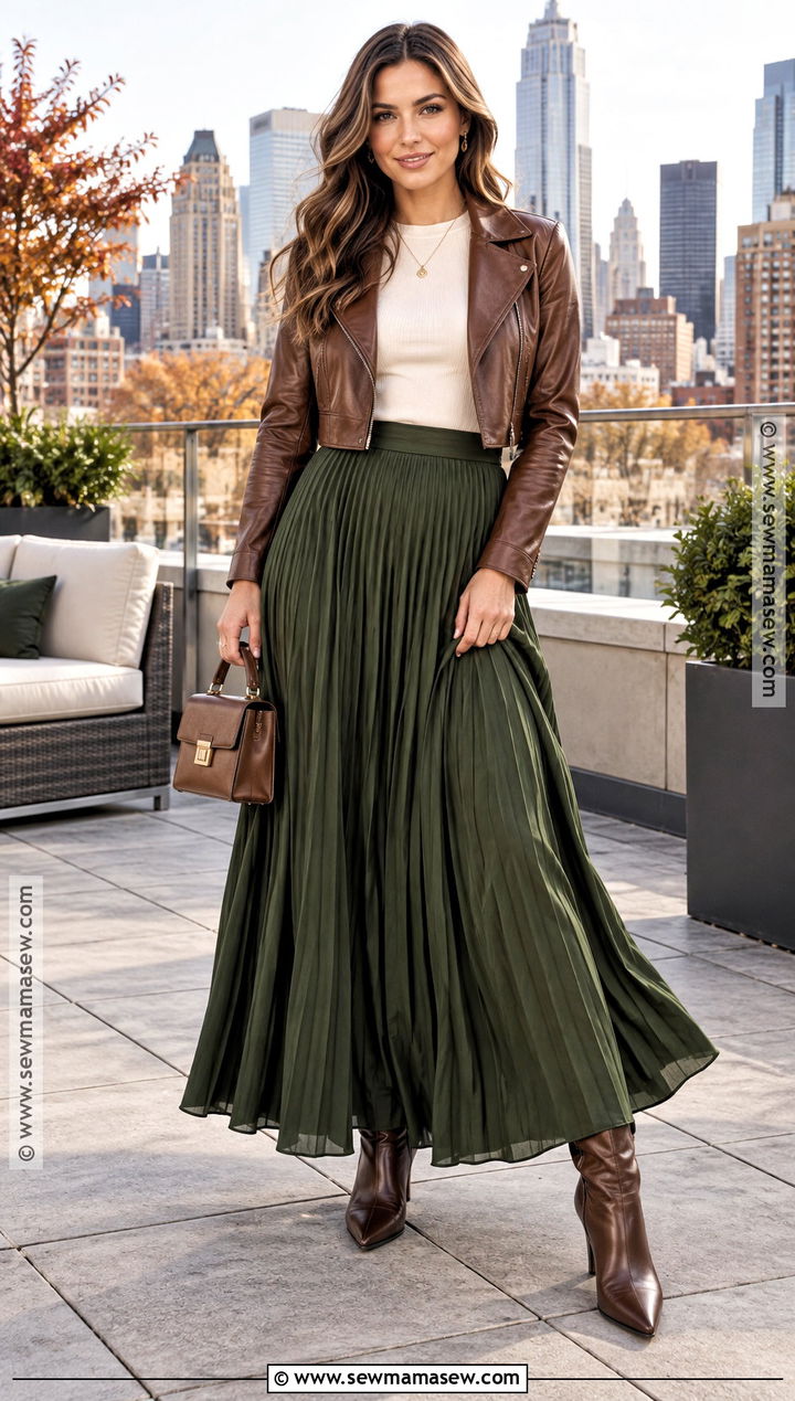 Leather Jacket And Pleated Maxi Skirt Outfit - 20 Autumn Photoshoot Outfits
