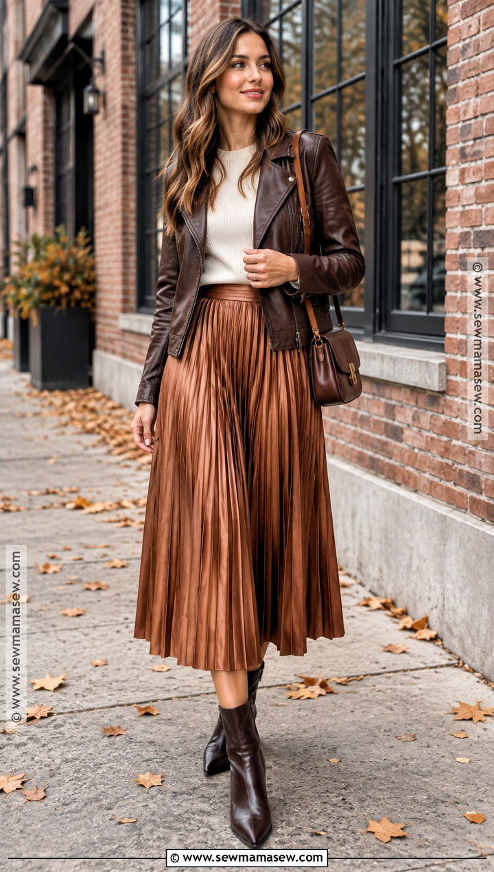 Leather Jacket And Pleated Midi Skirt Fall Photoshoot Outfit - 20 fall photoshoot outfits for women