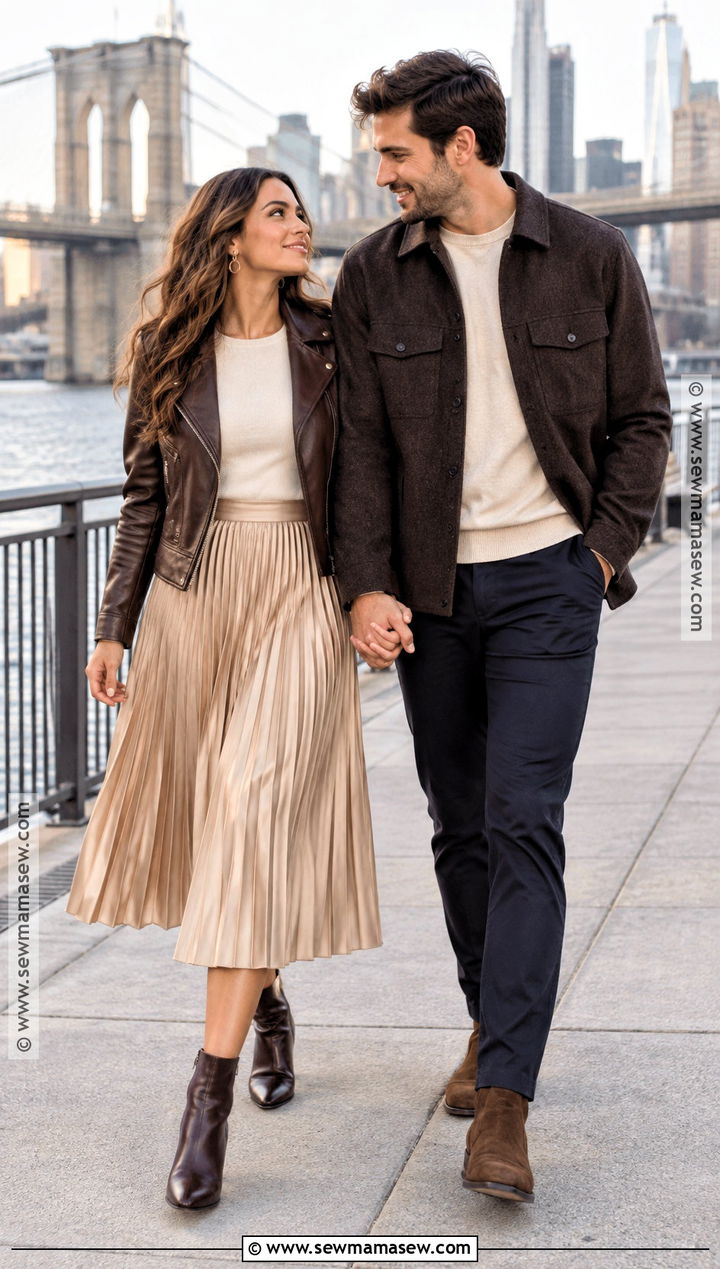 Leather Jacket And Pleated Skirt Fall Engagement Photo Outfit - 20 outdoor engagement photos outfits fall