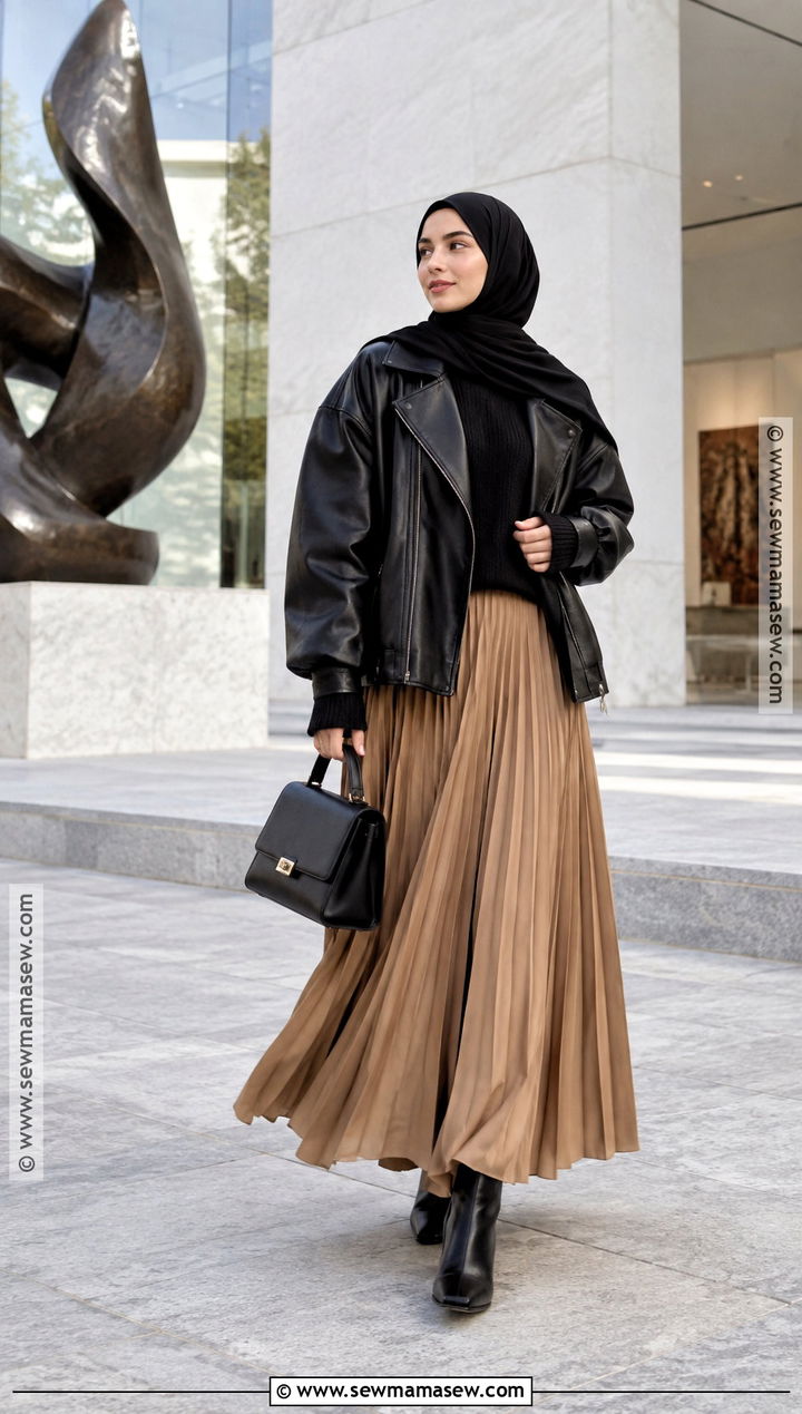 Leather Jacket And Pleated Skirt Fall Hijab Outfit - 20 fall outfit hijab ideas