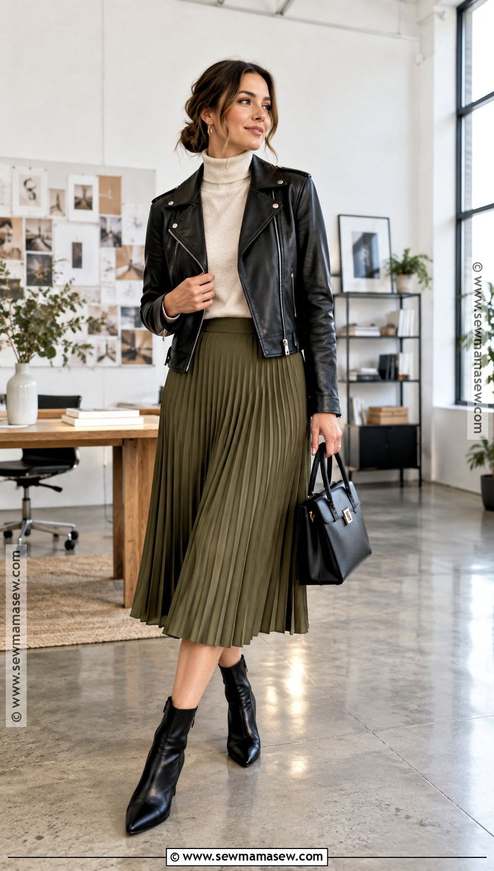 Leather Jacket And Pleated Skirt Fall Office Outfit - 20 Fall Outfits Office Business Casual