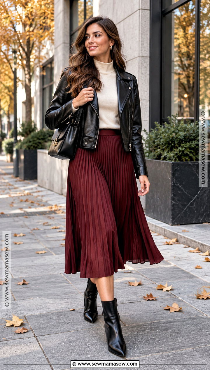 Leather Jacket And Pleated Skirt Fall Outfit - 25 chic fall outfits classy