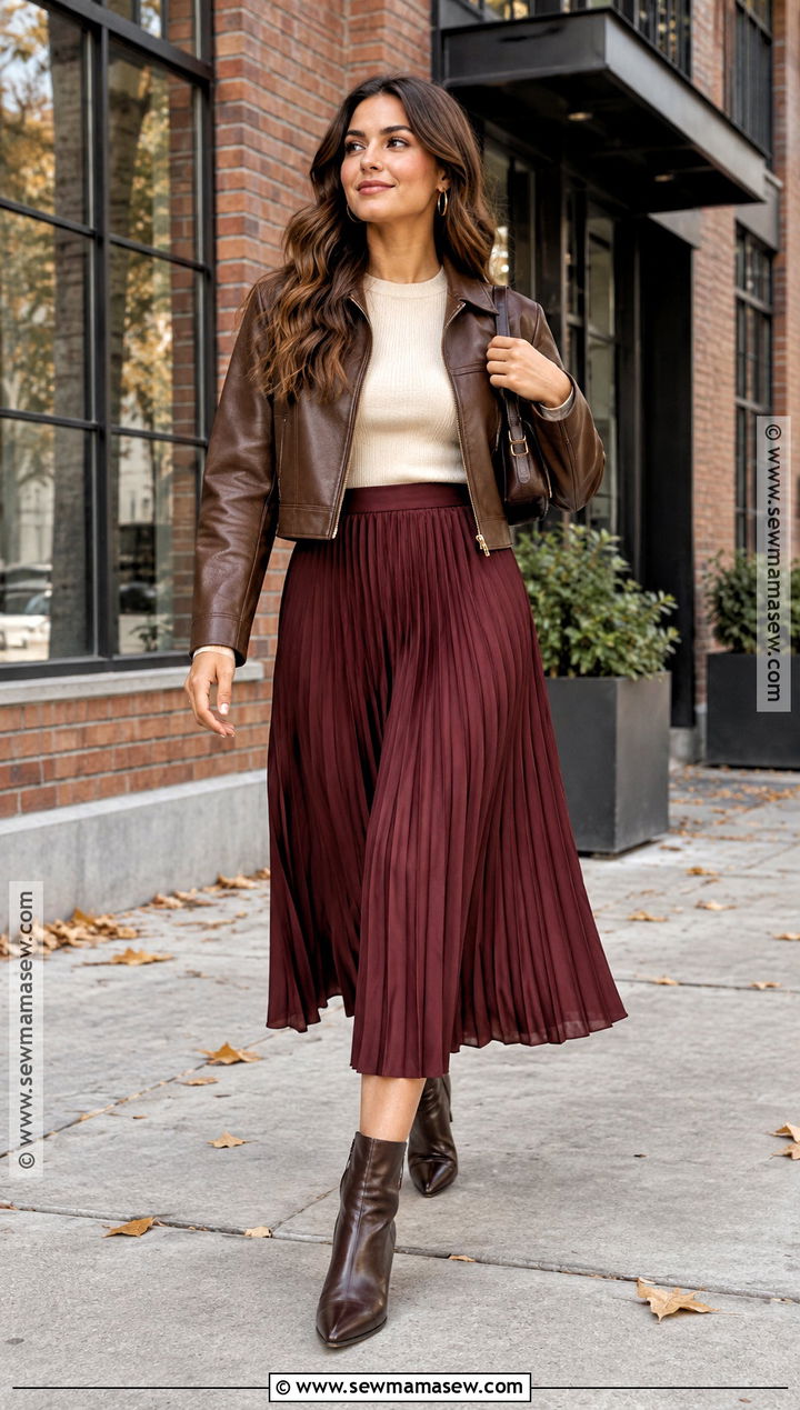 Leather Jacket And Pleated Skirt Fall Picture Outfit - 20 fall picture outfits for women
