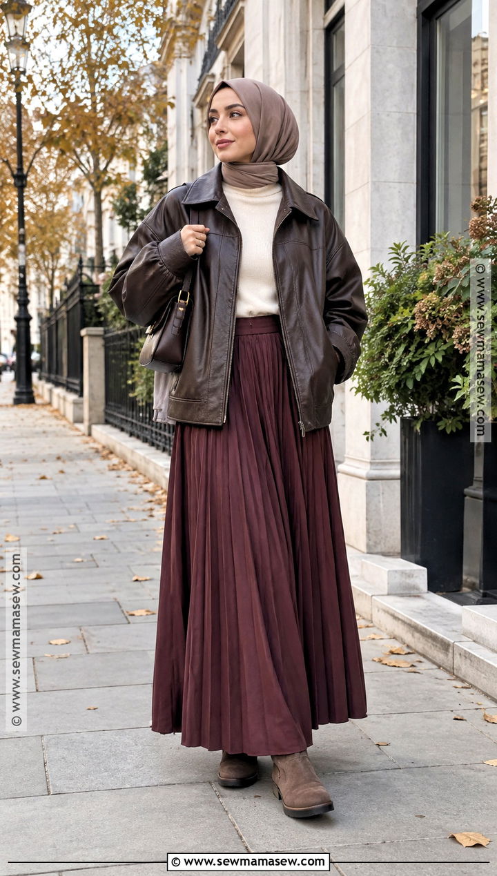 Leather Jacket And Pleated Skirt Hijab Outfit - 20 fall outfits women hijab