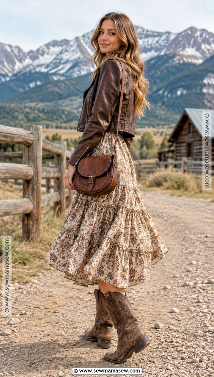 Leather Jacket And Prairie Dress Western Fall Outfit - 15 western fall photoshoot outfits