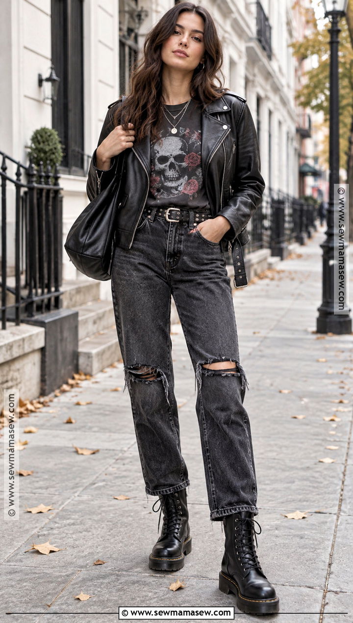 Leather Jacket And Ripped Jeans Fall Outfit - 25 alternative fall outfits