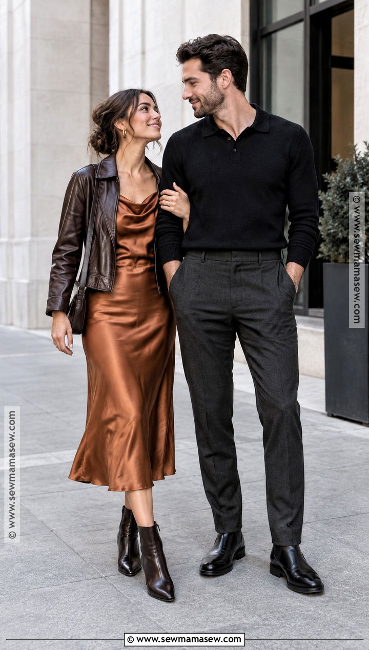 Leather Jacket And Slip Dress Fall Engagement Photo Outfit - 15 fall outfits engagement photos