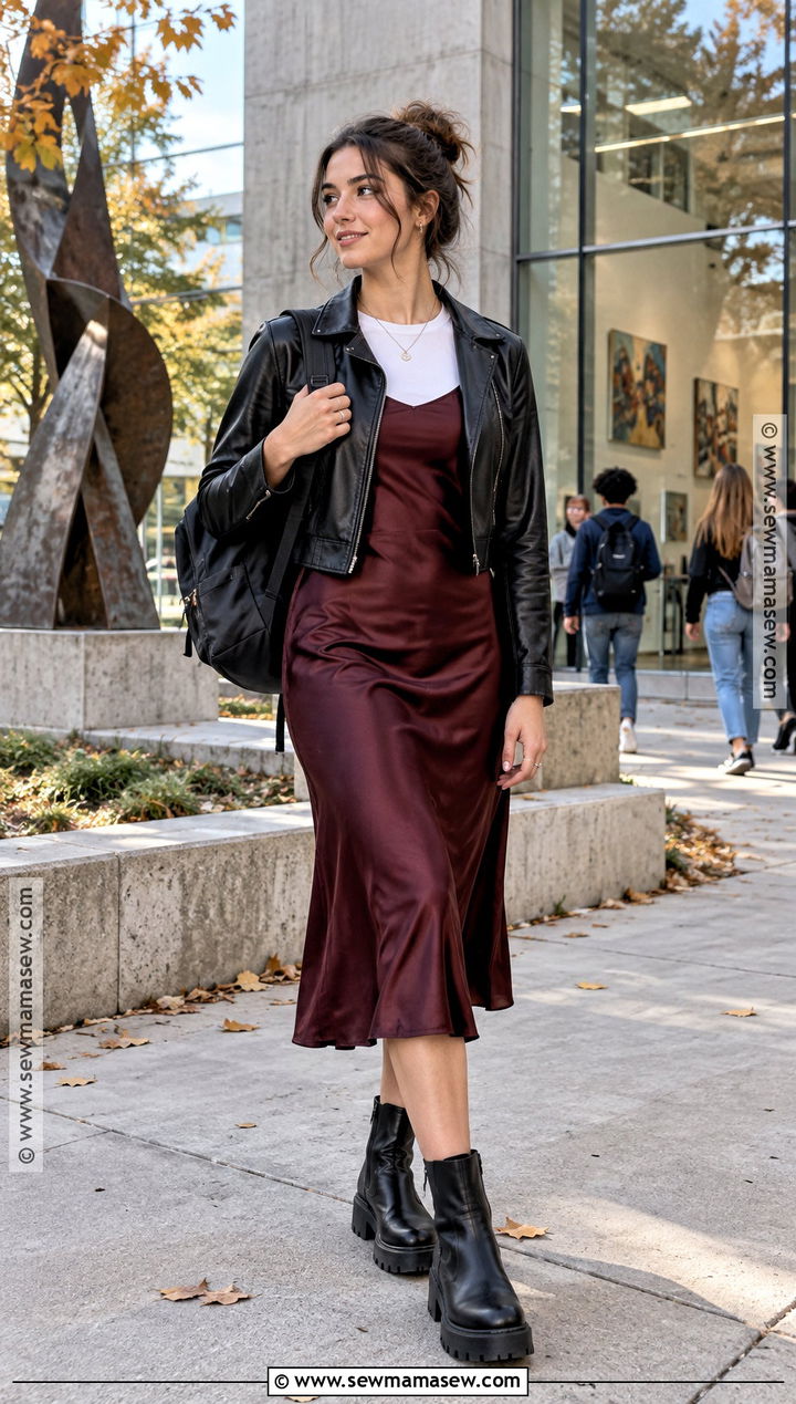 Leather Jacket And Slip Midi Dress Outfit - 15 college back to school outfits