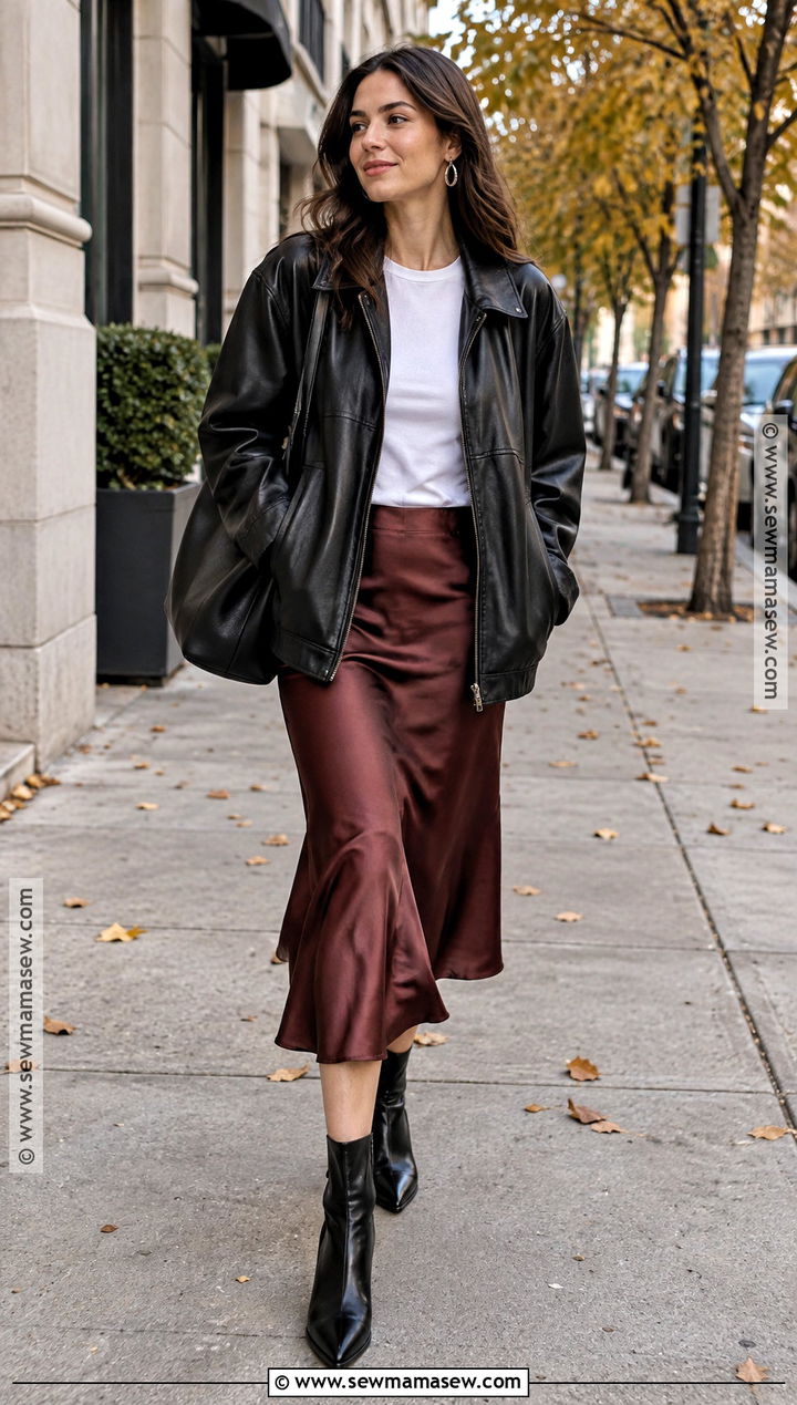 Leather Jacket And Slip Skirt Autumn Outfit - 20 Cool Girl Autumn Outfits
