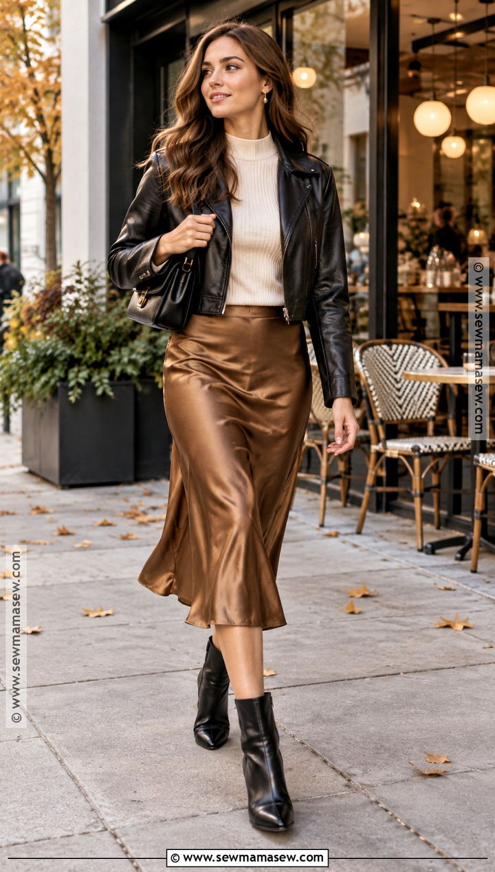 Leather Jacket And Slip Skirt Autumn Outfit - 30 autumn outfits aesthetic