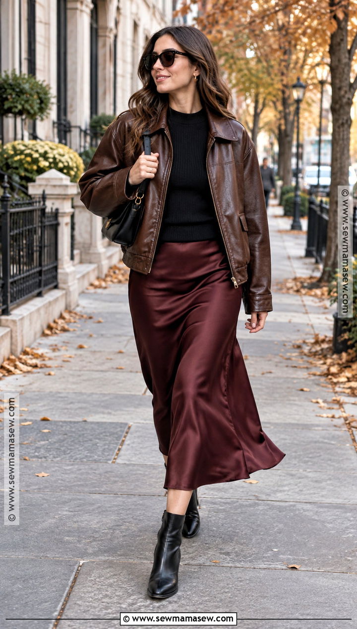 Leather Jacket And Slip Skirt Autumn Outfit - 15 autumn 24 fashion ideas