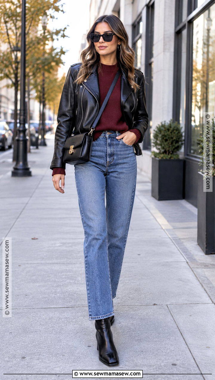 Leather Jacket And Straight Leg Jeans City Fall Outfit - 15 City Fall Aesthetic Fashion Ideas