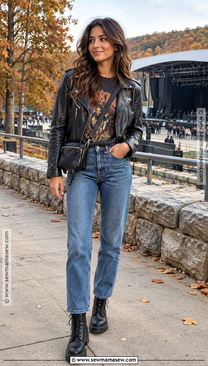 Leather Jacket And Straight Leg Jeans Concert Outfit - 20 outdoor concert outfit fall ideas