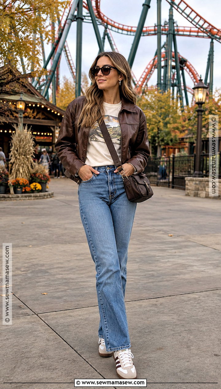 Leather Jacket And Stretch Jeans Fall Amusement Park Outfit - 20 fall amusement park outfit ideas