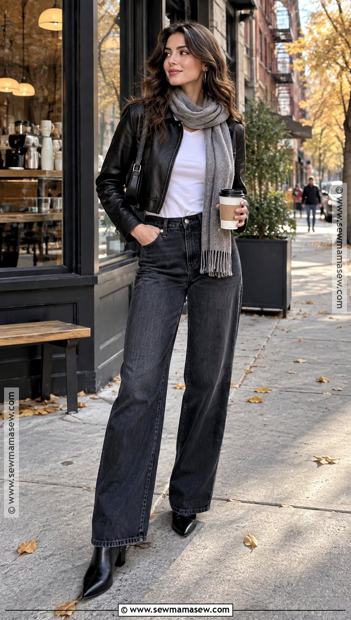 Leather Jacket And Wide Leg Jeans Coffee Outfit - 20 Fall Coffee Outfit Ideas