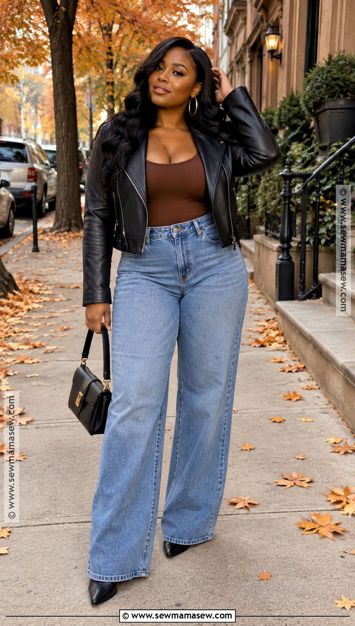 Leather Jacket And Wide Leg Jeans Fall Date Night Outfit - 15 fall date night outfit black women casual ideas