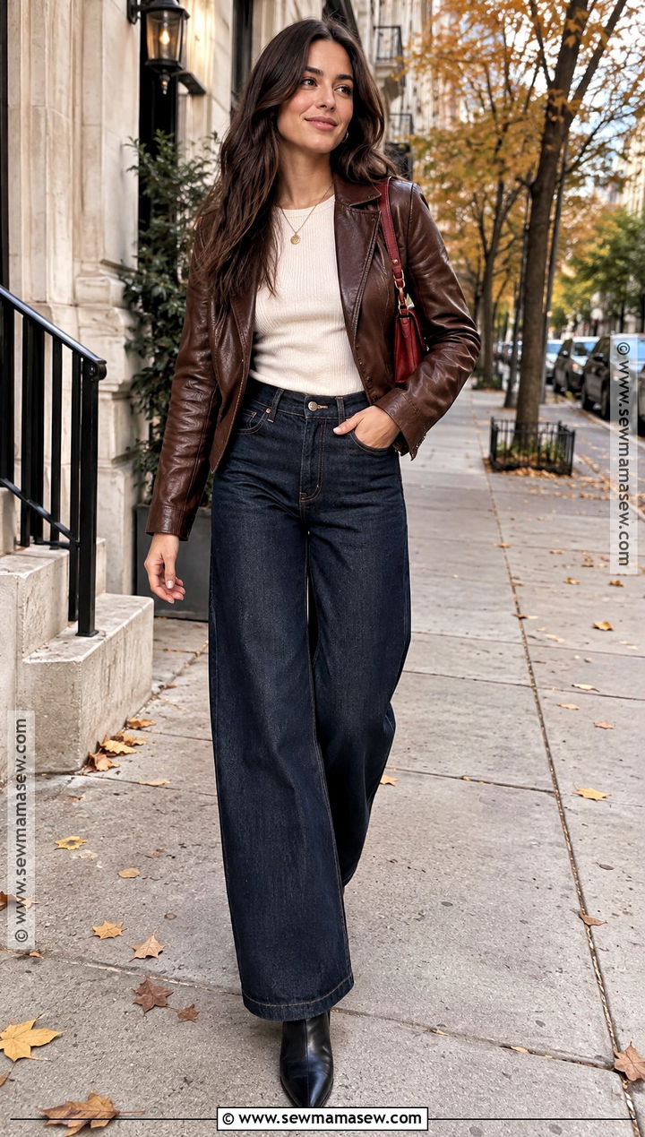 Leather Jacket And Wide Leg Jeans Fall Date Outfit - 15 cute casual date outfits fall