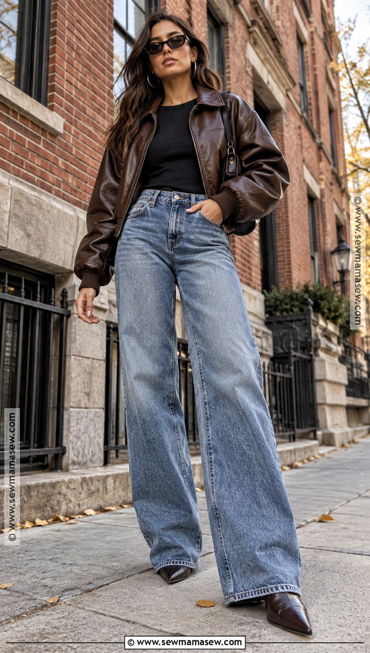 Leather Jacket And Wide Leg Jeans Fall Outfit - 15 Fall Outfit Instagram Pictures Ideas