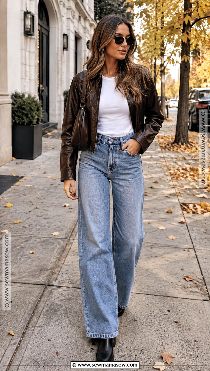 Leather Jacket And Wide Leg Jeans Fall Outfit - 25 cute fall fits