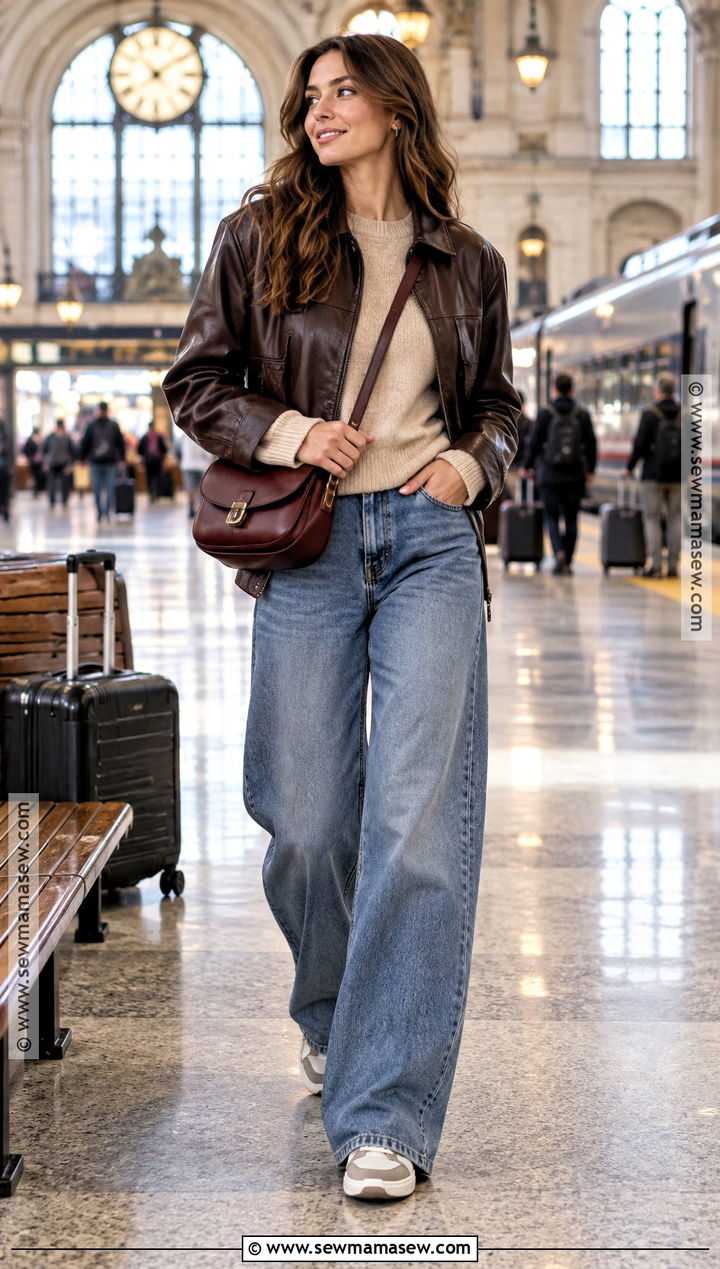 Leather Jacket And Wide Leg Jeans Fall Travel Outfit - 15 Fall Travel Clothes