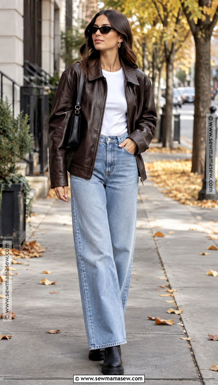 Leather Jacket And Wide Leg Jeans Streetwear Outfit - 20 streetwear autumn outfits