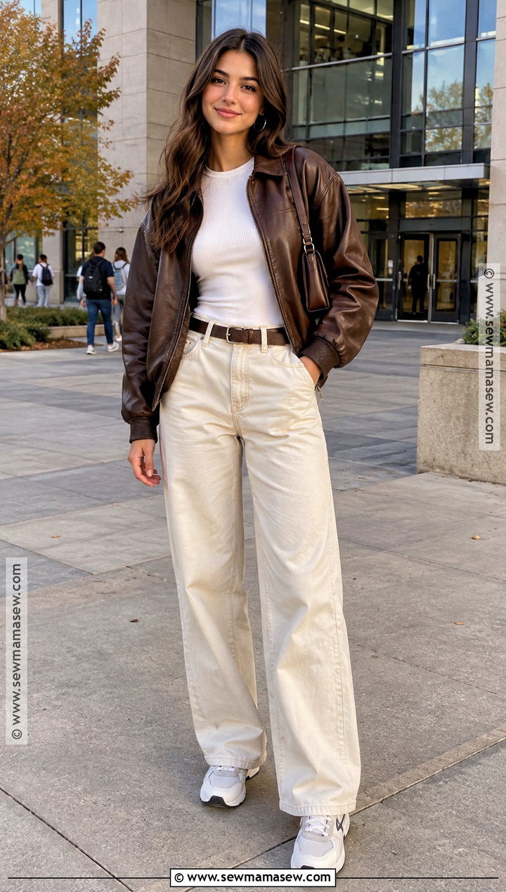 Leather Jacket And Wide Leg Pants College Outfit - 15 casual fall college outfits