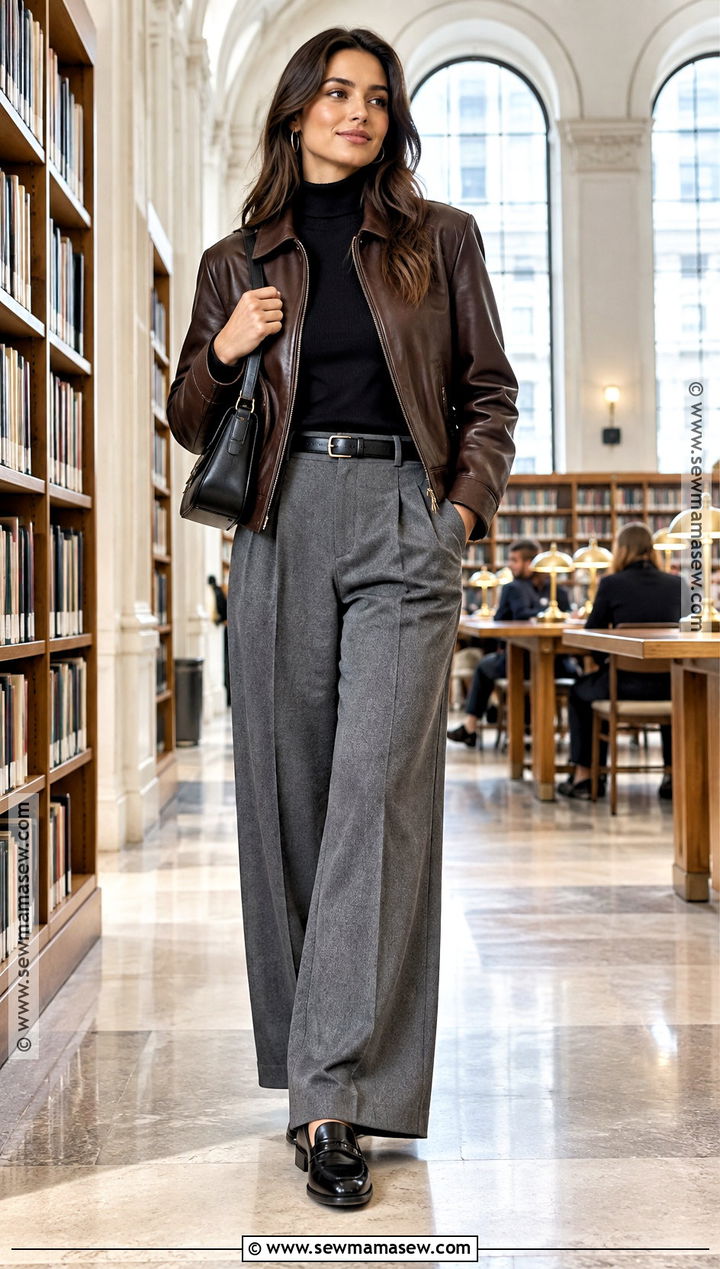 Leather Jacket And Wide Leg Pants Library Outfit - 15 fall library outfit ideas