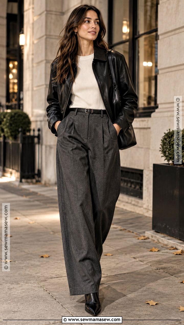 Leather Jacket And Wide Leg Trousers Autumn Date Night Outfit - 15 autumn date night outfit casual ideas
