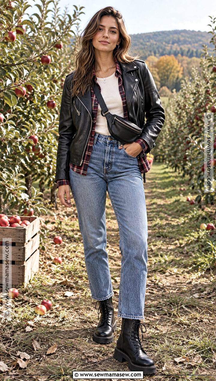 Leather Jacket Apple Picking Outfit With Plaid Shirt - 20 Apple Picking Outfits Fall