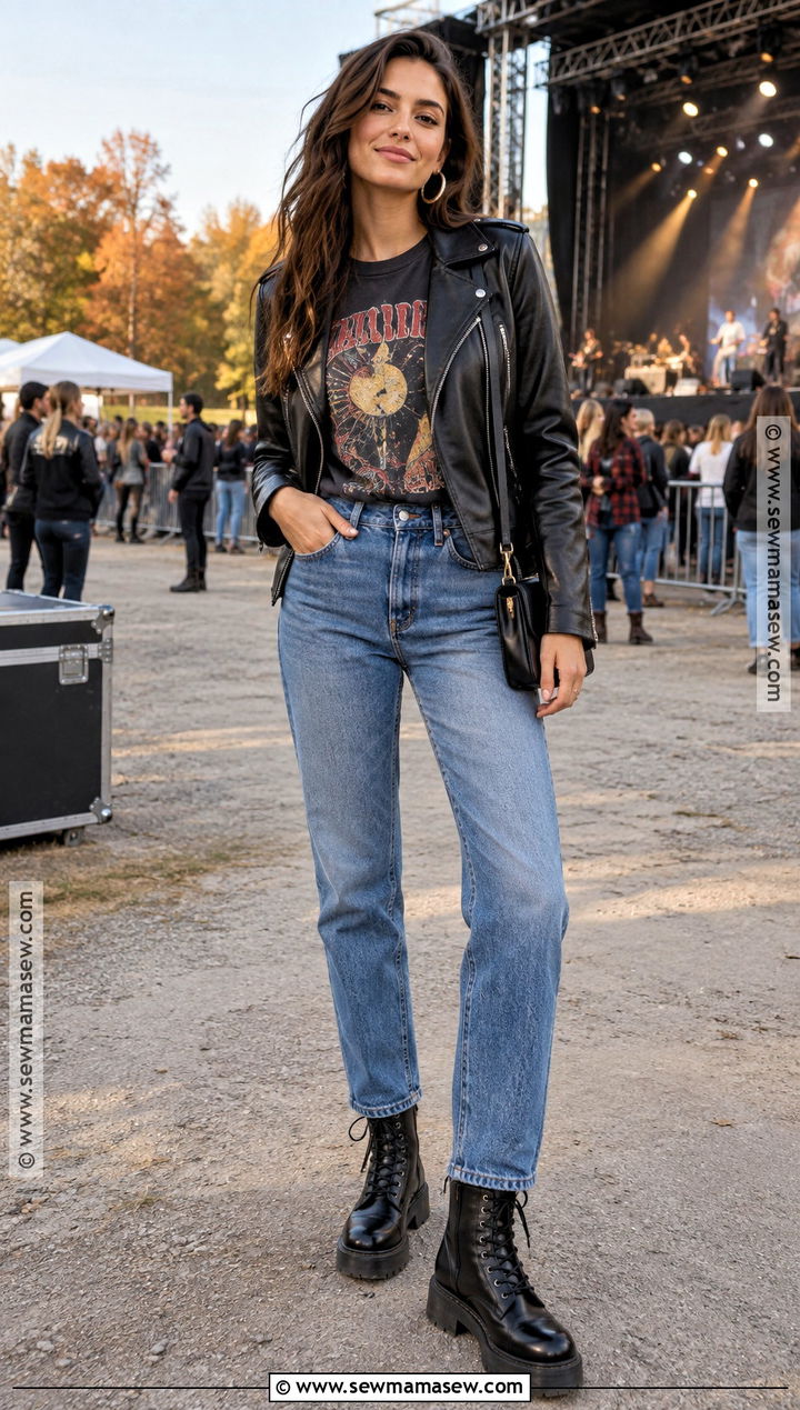 Leather Jacket Band Tee Jeans Outfit - 15 fall outside concert outfit ideas