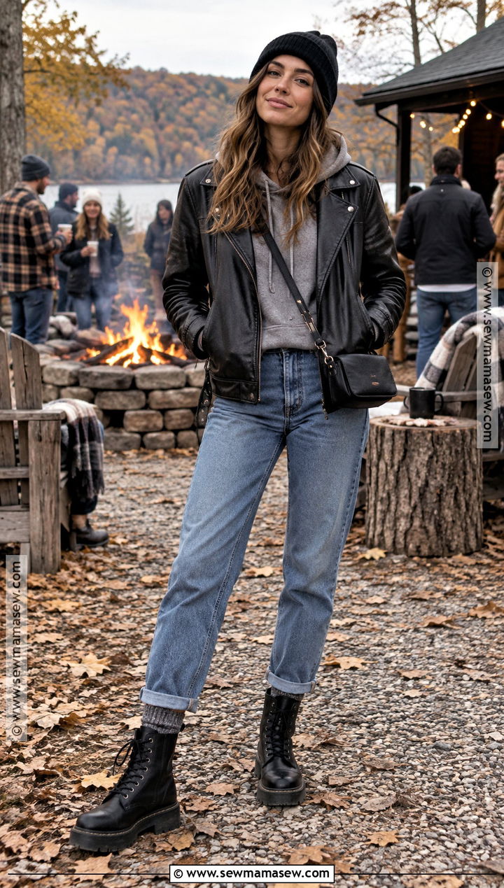 Leather Jacket Bonfire Outfit With A Hoodie - 20 bonfire outfit fall night ideas