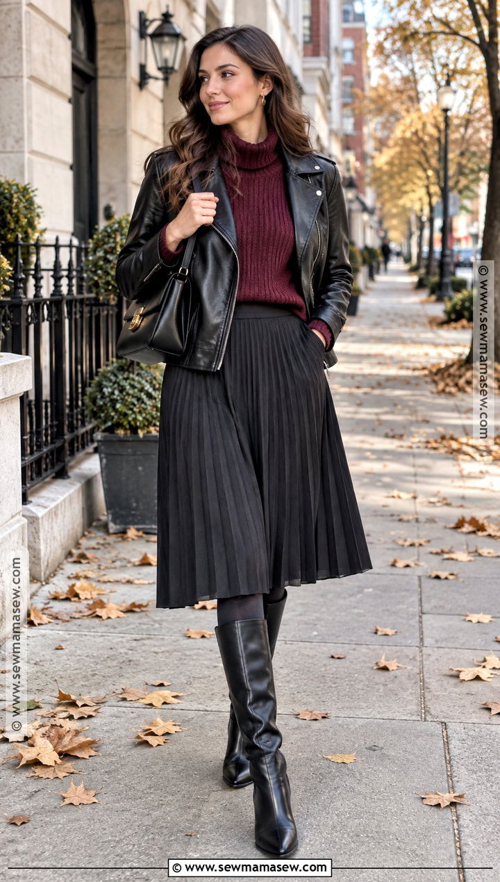 Leather Jacket Chunky Sweater Midi Skirt and Tall Boots - 20 cold fall day outfit ideas