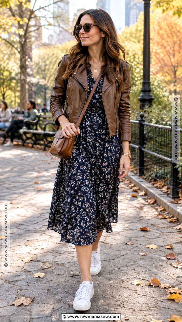 Leather Jacket Cotton Dress And Low Top Sneakers - 25 sunny fall outfits