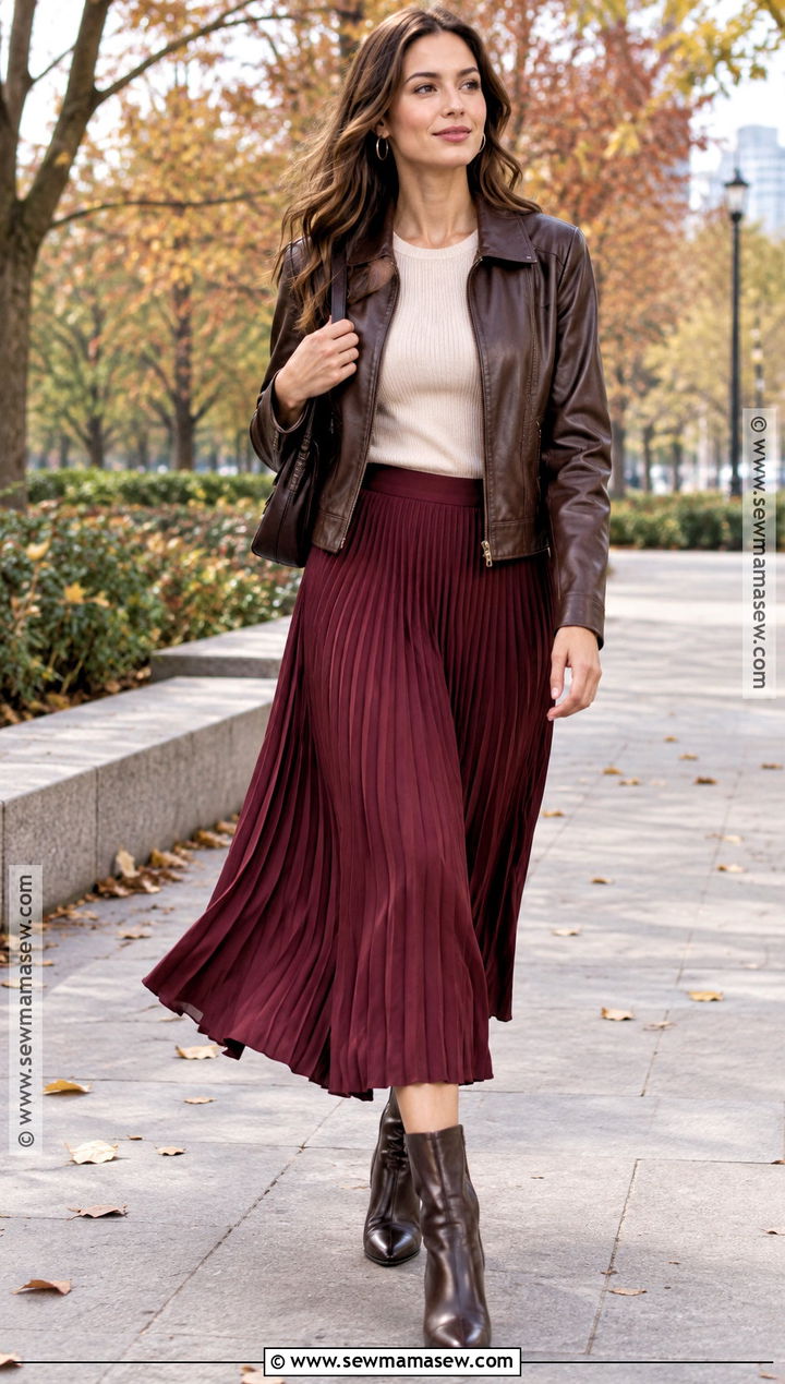 Leather Jacket Engagement Photo Outfit With Pleated Skirt - 15 engament photo outfits fall