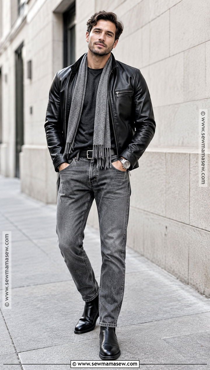 Leather Jacket Fall Outfit With Black T Shirt And Gray Jeans - 15 casual mens outfits fall